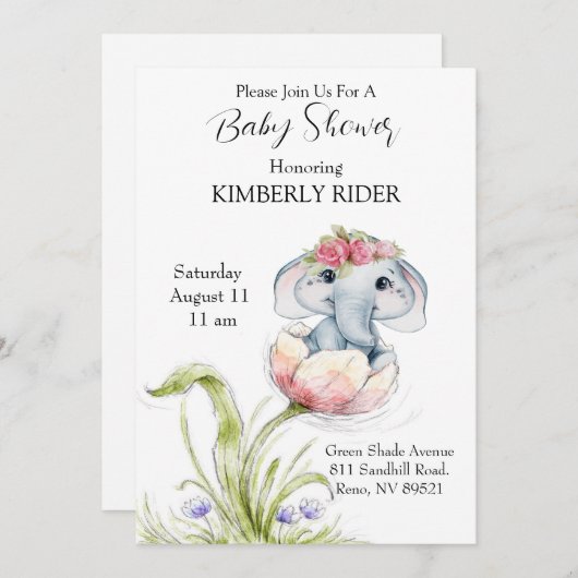 ベビーゾウ赤ちゃんシャワー 招待状 (正面/裏面)