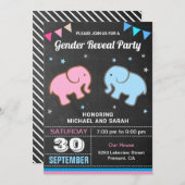 ベビーゾウ青またはピンクの性別の表示パーティー 招待状 (正面/裏面)