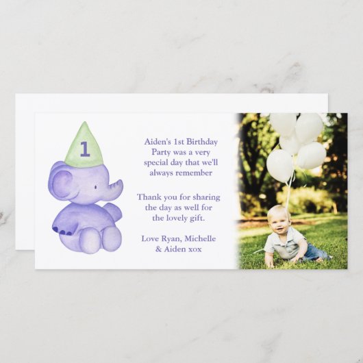 ベビーゾウ1歳の誕生日ありがとうフォトカード サンキューカード (正面/裏面)