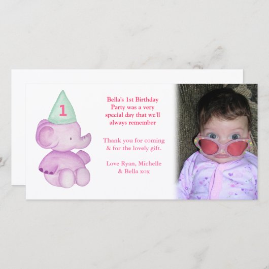 ベビーゾウ1歳の誕生日ありがとうフォトカード サンキューカード (正面/裏面)