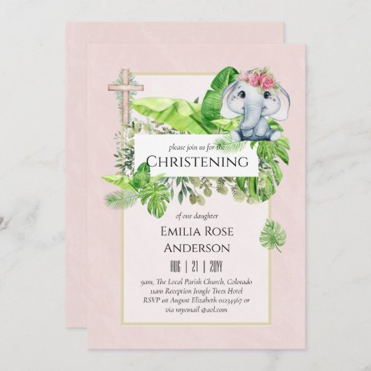 ベビーゾウ《キリスト教》洗礼式や命名式招待状forガールズジャングル 招待状 (正面/裏面)