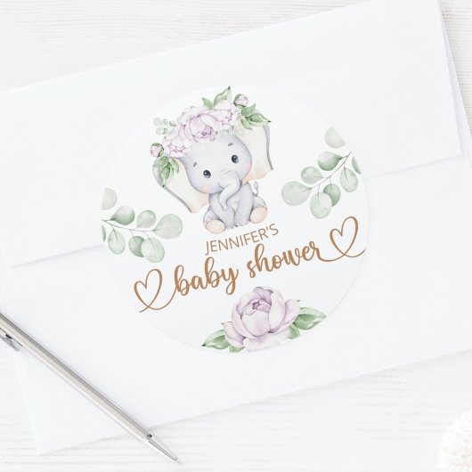 ベビーゾウ&フラワーウォーター色ベビーシャワー ラウンドシール
