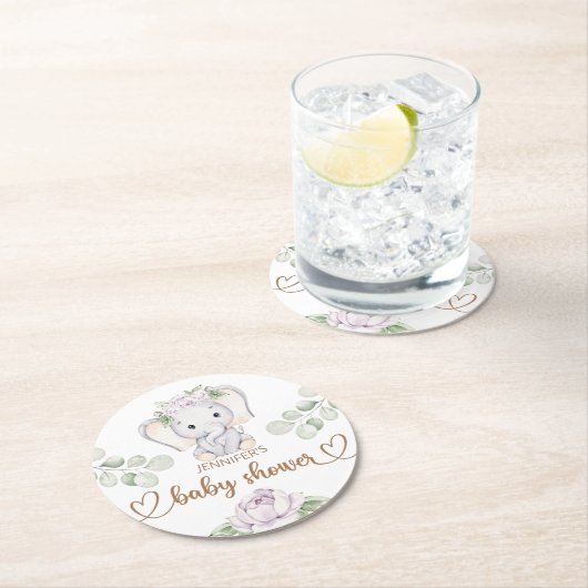 ベビーゾウ&フラワーウォーター色ベビーシャワー ラウンドペーパーコースター (インサイチュ)