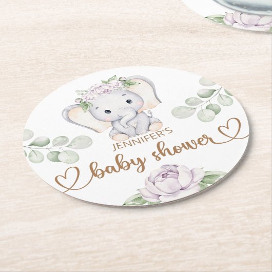 ベビーゾウ&フラワーウォーター色ベビーシャワー ラウンドペーパーコースター (アングル)