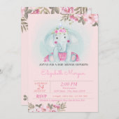 ベビーゾウ、フローラルクラウンベビーシャワー 招待状 (正面/裏面)