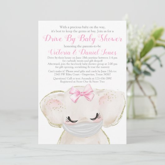 ベビーゾウ、ベビーシャワーでマスクを駆動 招待状 (スタンド正面)