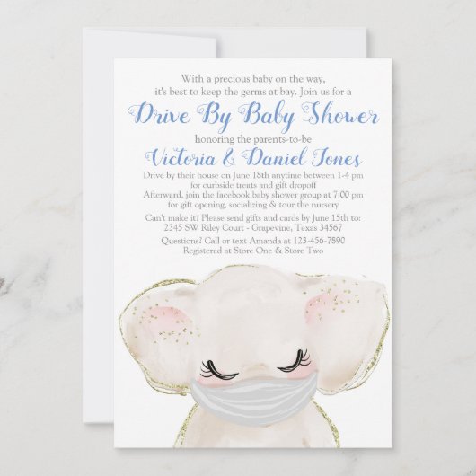 ベビーゾウ、ベビーシャワーでマスクを駆動 招待状 (正面)