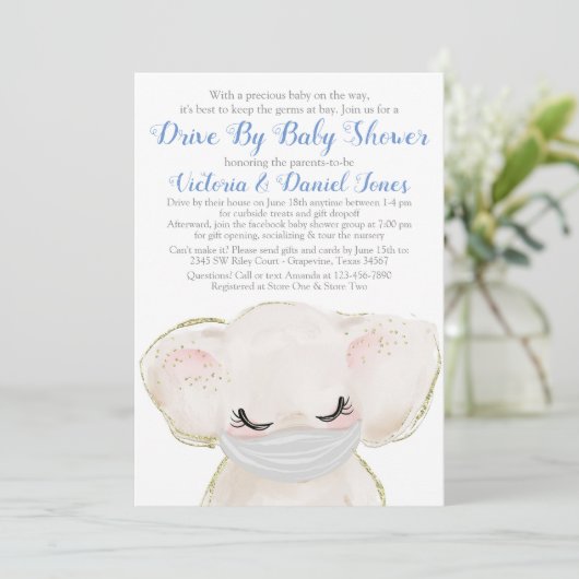ベビーゾウ、ベビーシャワーでマスクを駆動 招待状 (スタンド正面)