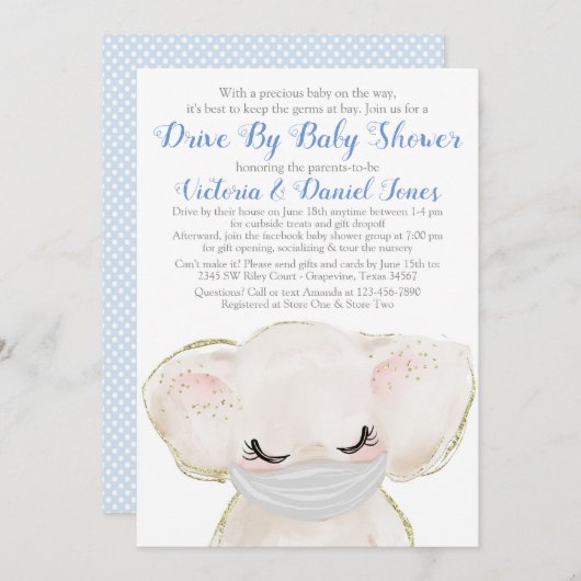 ベビーゾウ、ベビーシャワーでマスクを駆動 招待状 (正面/裏面)