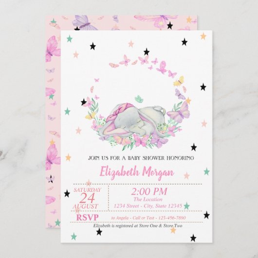 ベビーゾウ、蝶、星の赤ちゃんシャワー 招待状 (正面/裏面)