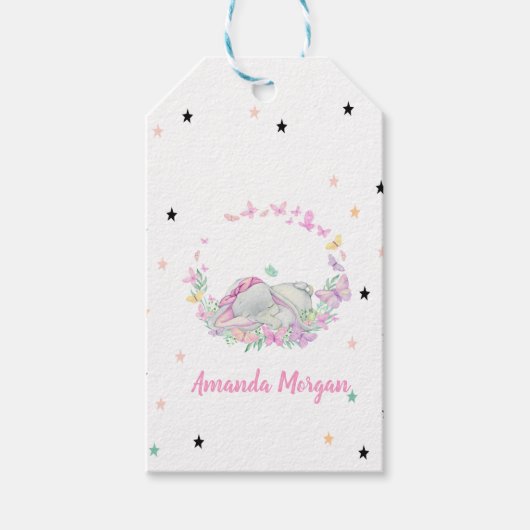 ベビーゾウ、蝶、星 ギフトタグ (正面)