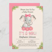 ベビーゾウIt a Girl Zooテーマベビーシャワー 招待状 (正面/裏面)