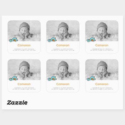 ベビーダック写真少年の誕生の告知シール スクエアシール (シート)