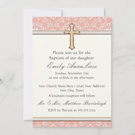 ベビーチャイルド乳児バプテスマ金ゴールドゴールデンクロスレース 招待状 (正面)