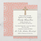 ベビーチャイルド乳児バプテスマ金ゴールドゴールデンクロスレース 招待状 (正面/裏面)