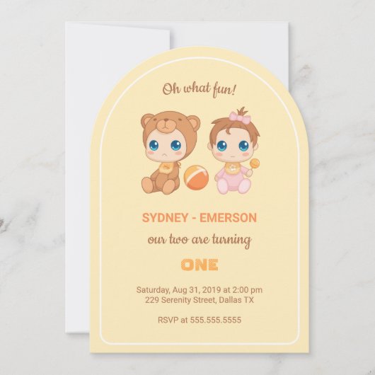 ベビーツインズファースト誕生日ガールベアイエロー 招待状 (正面)