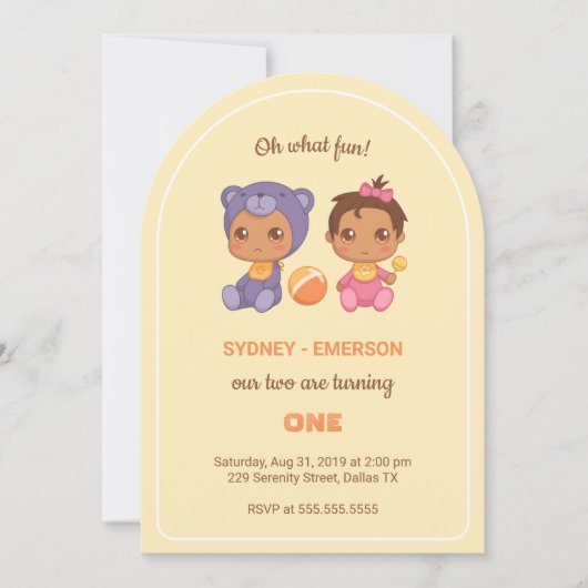 ベビーツインズファースト誕生日ガールベアーイエロー1エキサイト 招待状 (正面)