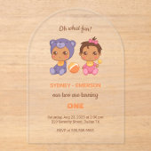 ベビーツインズファースト誕生日ガールベアージャンプスーツ2 アクリル招待状 (正面)