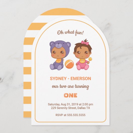 ベビーツインズファースト誕生日ガールベアージャンプスーツ2 招待状 (正面/裏面)