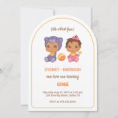 ベビーツインズファースト誕生日ガールベアージャンプスーツ2 招待状 (正面)