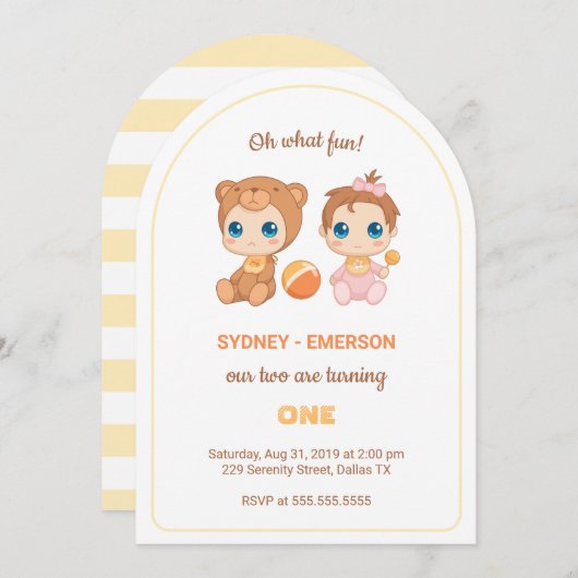 ベビーツインズファースト誕生日ガールベアージャンプスーツ 招待状 (正面/裏面)