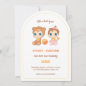 ベビーツインズファースト誕生日ガールベアージャンプスーツ 招待状 (正面)