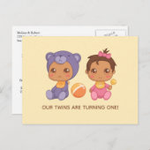 ベビーツインズファースト誕生日ガールベア招待状 ポストカード (正面/裏面)