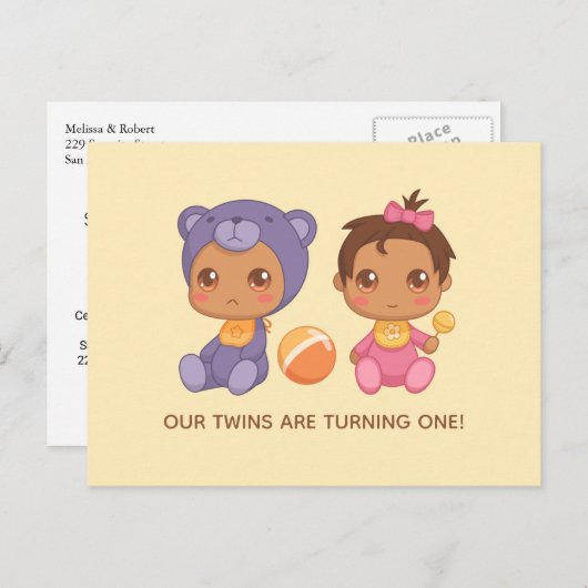 ベビーツインズファースト誕生日ガールベア招待状 ポストカード (正面/裏面)