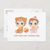 ベビーツインズファースト誕生日ガールベア招待状 ポストカード (正面/裏面)