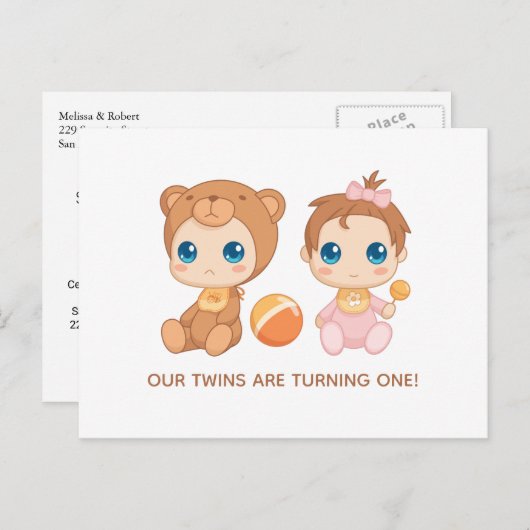 ベビーツインズファースト誕生日ガールベア招待状 ポストカード (正面/裏面)