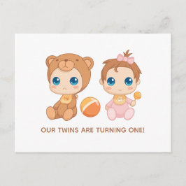 ベビーツインズファースト誕生日ガールベア招待状 ポストカード