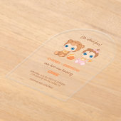 ベビーツインズファースト誕生日ガールベア透明 アクリル招待状 (レイダウン)