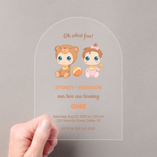 ベビーツインズファースト誕生日ガールベア透明 アクリル招待状 (インサイチュ (ポータブル))