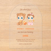 ベビーツインズファースト誕生日ガールベア透明 アクリル招待状 (正面)