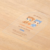 ベビーツインズファースト誕生日キャットベアトランスペアレント アクリル招待状 (レイダウン)