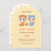 ベビーツインズファースト誕生日キャットベアーイエロー 招待状 (正面/裏面)