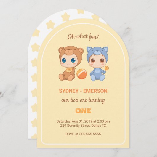 ベビーツインズファースト誕生日キャットベアーイエロー 招待状 (正面/裏面)