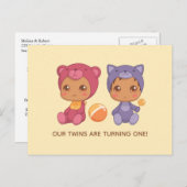ベビーツインズファースト誕生日キャットベア招待状2 ポストカード (正面/裏面)