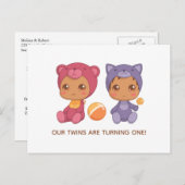 ベビーツインズファースト誕生日キャットベア招待状 ポストカード (正面/裏面)