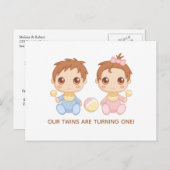 ベビーツインズファースト誕生日ボーイアンドガール招待状 ポストカード (正面/裏面)