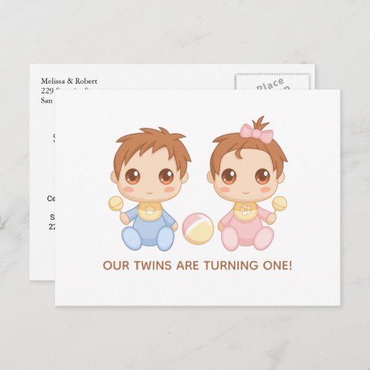 ベビーツインズファースト誕生日ボーイアンドガール招待状 ポストカード (正面/裏面)
