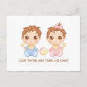 ベビーツインズファースト誕生日ボーイアンドガール招待状 ポストカード (正面)