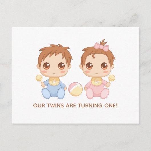 ベビーツインズファースト誕生日ボーイアンドガール招待状 ポストカード (正面)