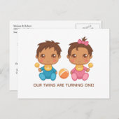 ベビーツインズファースト誕生日ボーイアンドガール招待状 ポストカード (正面/裏面)