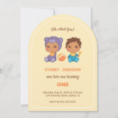 ベビーツインズファースト誕生日ボーイパープルベアーイエローI 招待状 (正面)