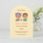 ベビーツインズファースト誕生日ボーイパープルベアーイエローI 招待状 (スタンド正面)