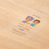 ベビーツインズファースト誕生日ボーイパープルベア2 アクリル招待状 (レイダウン)