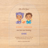 ベビーツインズファースト誕生日ボーイパープルベア2 アクリル招待状 (正面)