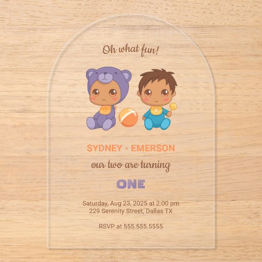 ベビーツインズファースト誕生日ボーイパープルベア2 アクリル招待状 (正面)