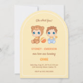 ベビーツインズファースト誕生日ボーイベアイエロー 招待状 (正面)